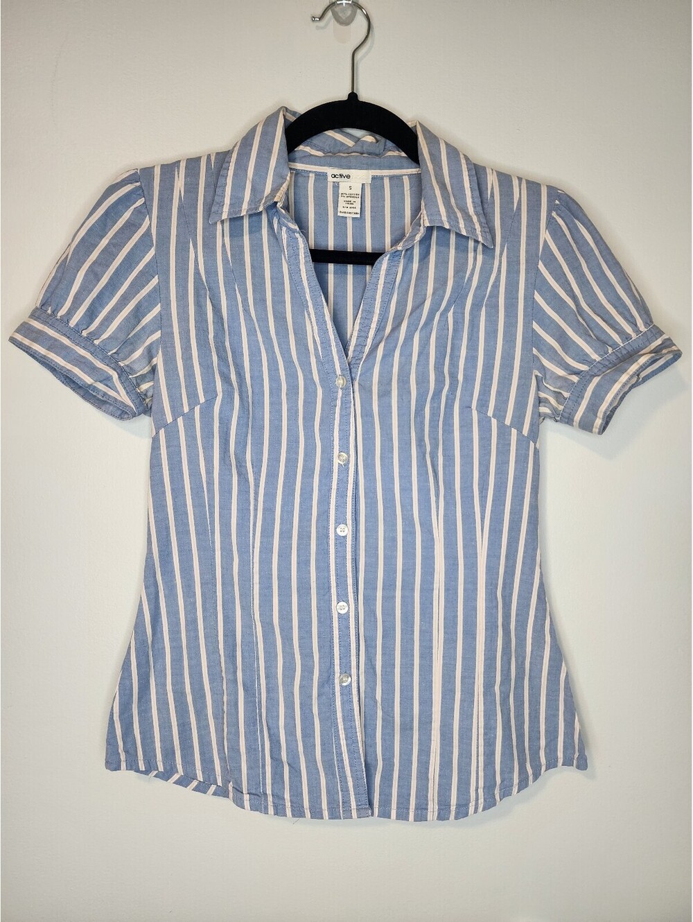 Active Basic Women's Blue and White Striped Button-Up Shirt Size S